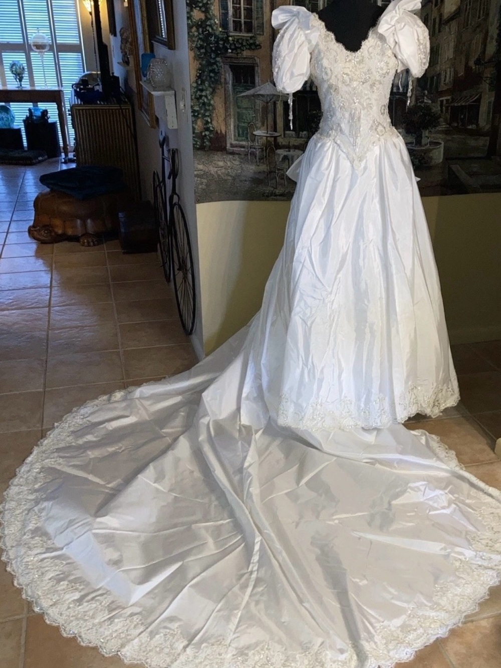 Vintage Eve of Milady Wedding Gown White Taffeta 80’s Big Bow Train Beaded 6